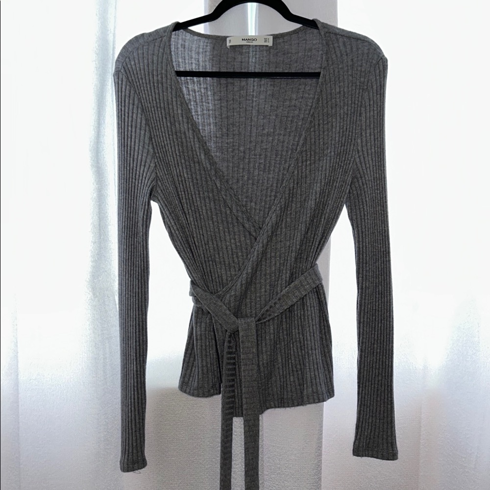 Mango Gray Ribbed Wrap Blouse